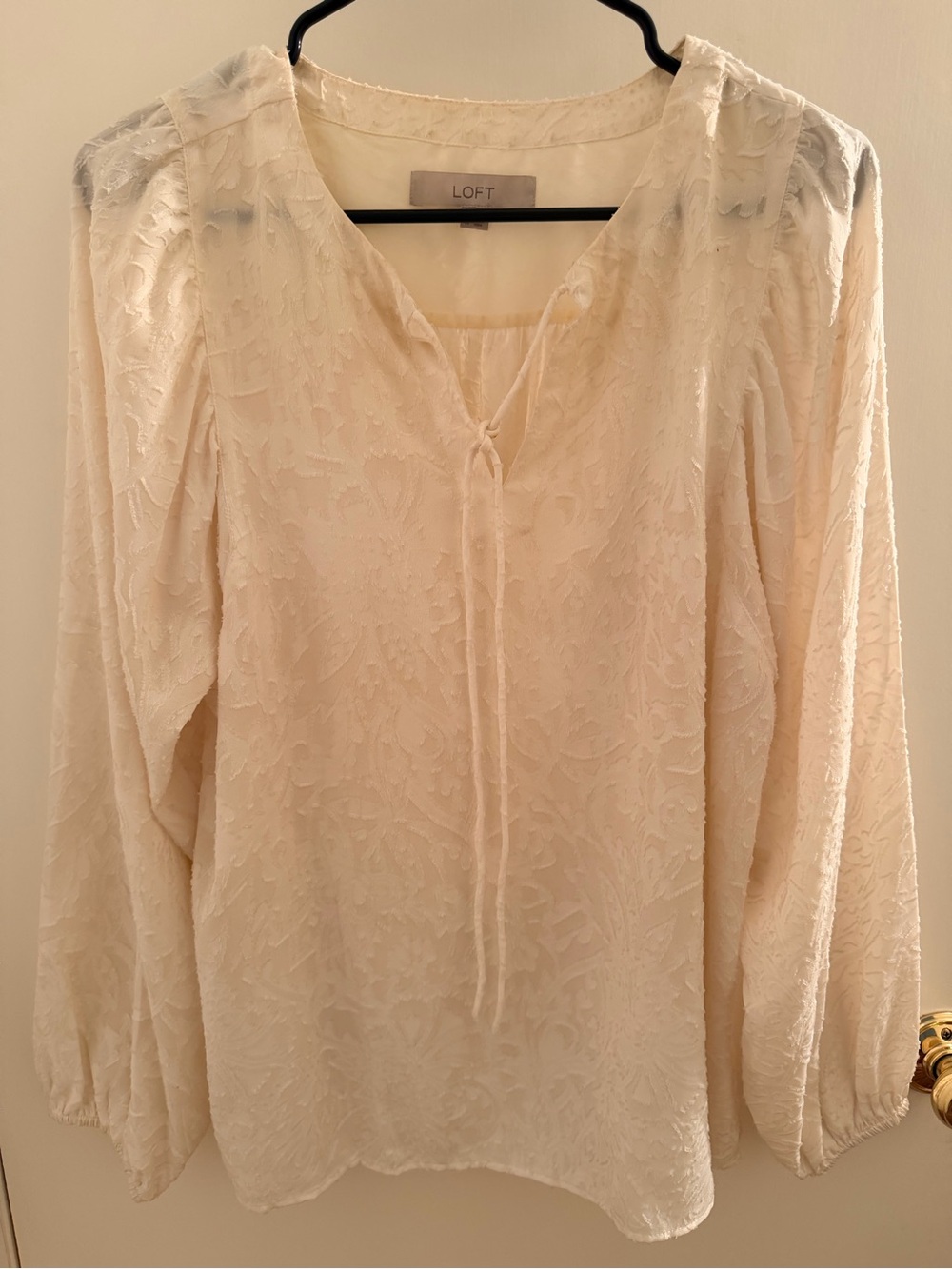 LOFT Cream Textured Tie-Neck Long Sleeve Blouse